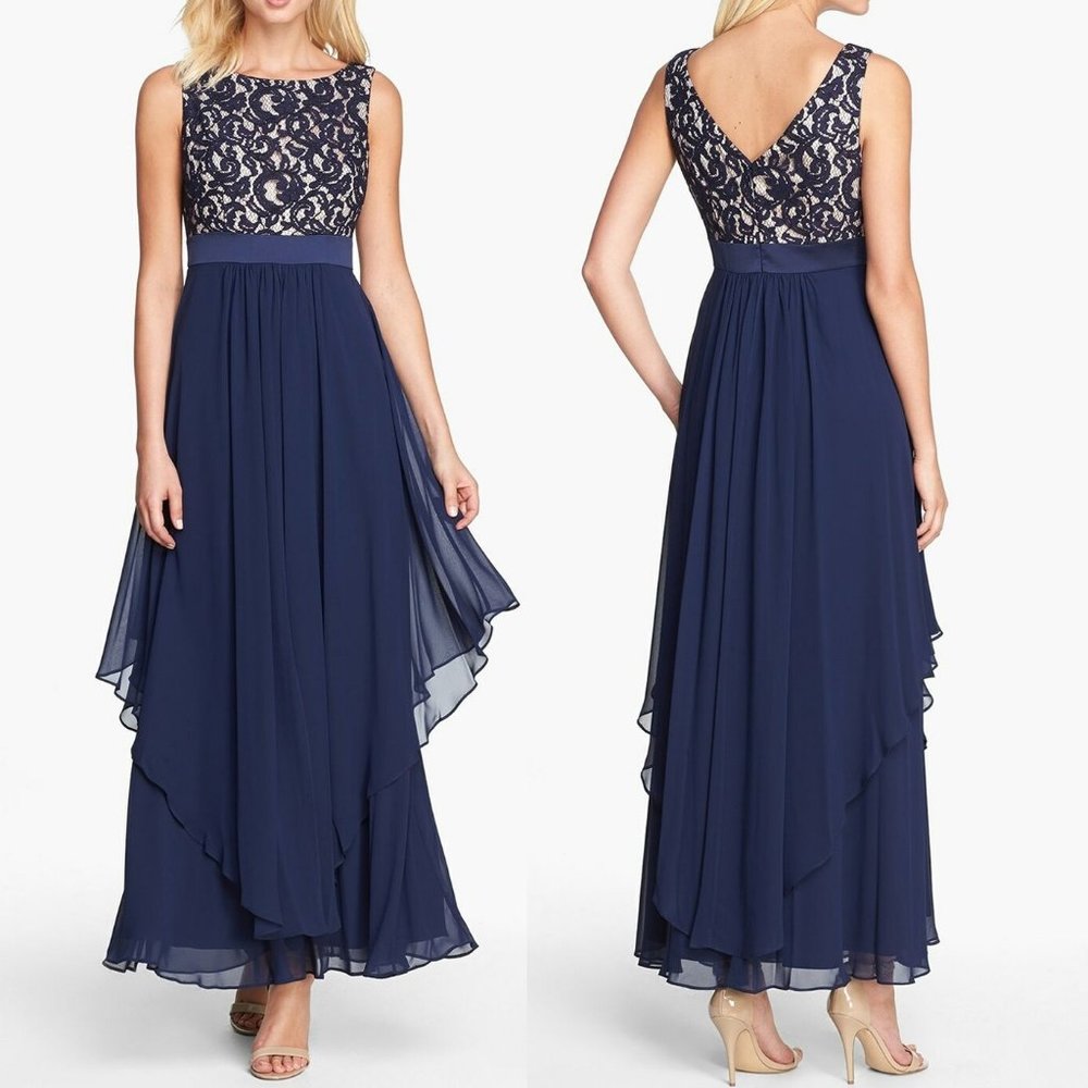 NEW Eliza J. Navy Blue Lace and Chiffon Gown Modest Prom Maxi Dress Size 14 $219 - Picture 1 of 16